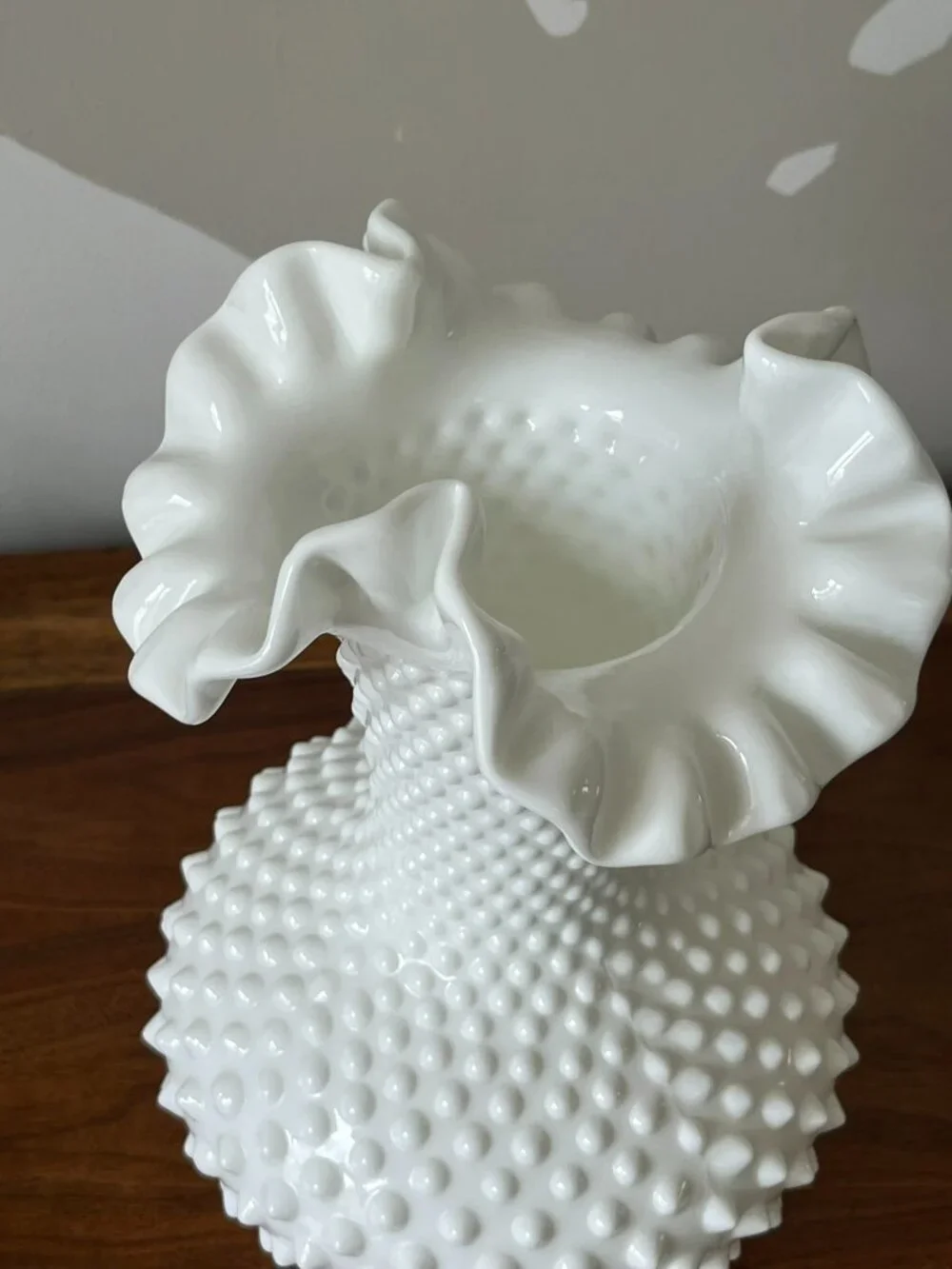 Fenton Large White Double Crimped Hobnail Vase 10.5